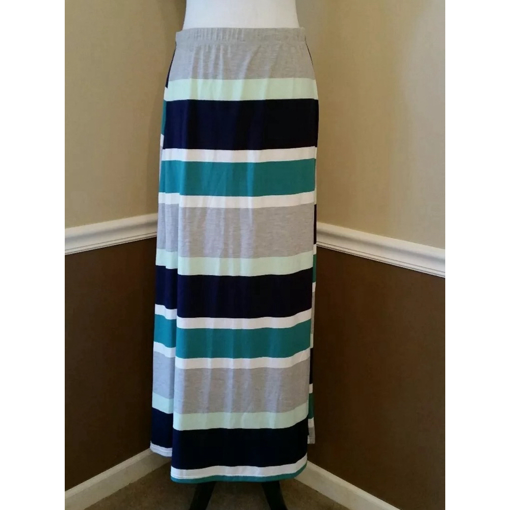 DownEast ModCloth NEW Gray Navy Blue Green Striped Knit Pull On Maxi Skirt M